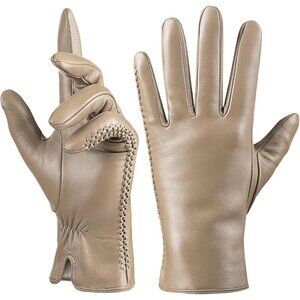 Women's Genuine Sheepskin Leather Gloves Winter Warm  Driving Dress Gloves Beige